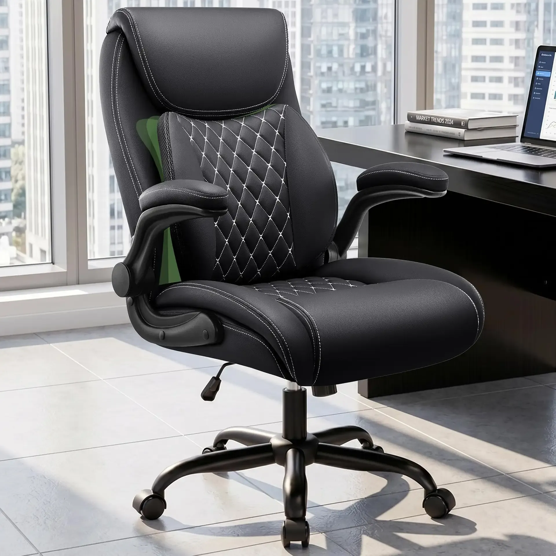 Office Chair, Ergonomic Executive Desk Chair with Lumbar Support for Lower Back Pain Relief, Padded Flip-Up Armrests, Leather Home Office Chair, Black