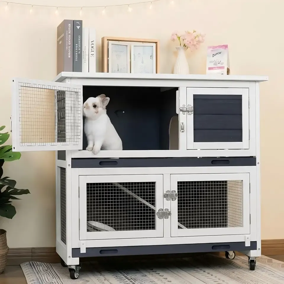 Rabbit Hutch Indoor Outdoor Bunny Cage, Flat Metal Roof Dual Trays Wheels | Flat Metal Top Adds Usable Space, While a Closable Divider Separates Upper and Lower Levels When Needed