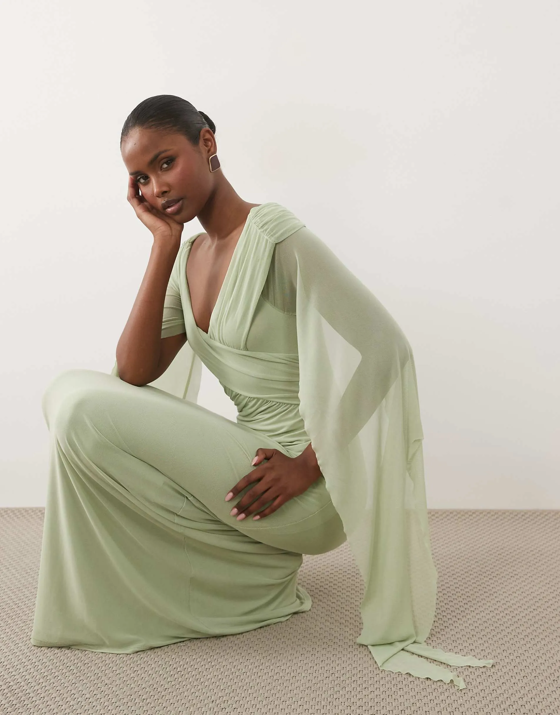ASOS DESIGN bardot mesh ruched maxi dress with sash detail in sage