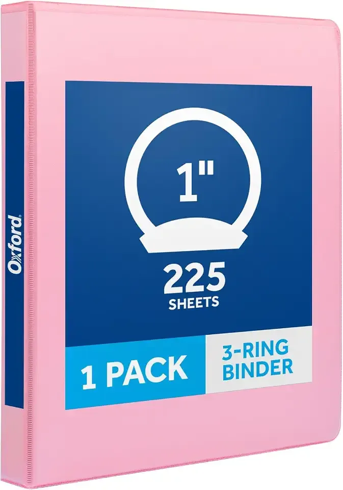 Oxford 1 Inch 3 Ring Binder, Pink, Holds 225 Sheets, 2 Pockets | Round rings, clear view covers for custom inserts. PVC free, non stick.