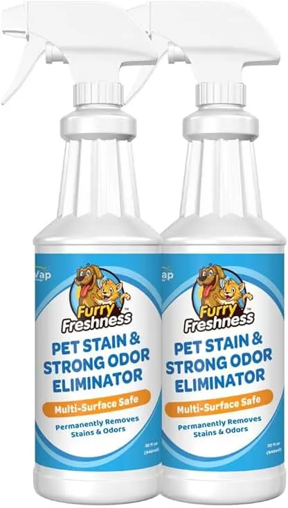FurryFreshness Extra Strength Cat or Dog Pee Stain & Permanent Odor Remover + Smell Eliminator -Removes Stains From Pets & Kids Including Urine or Blood- Lifts Old Carpet Stains- (2 Pack) FurryFreshness Extra Strength Cat or Dog Pee Stain & Perm…