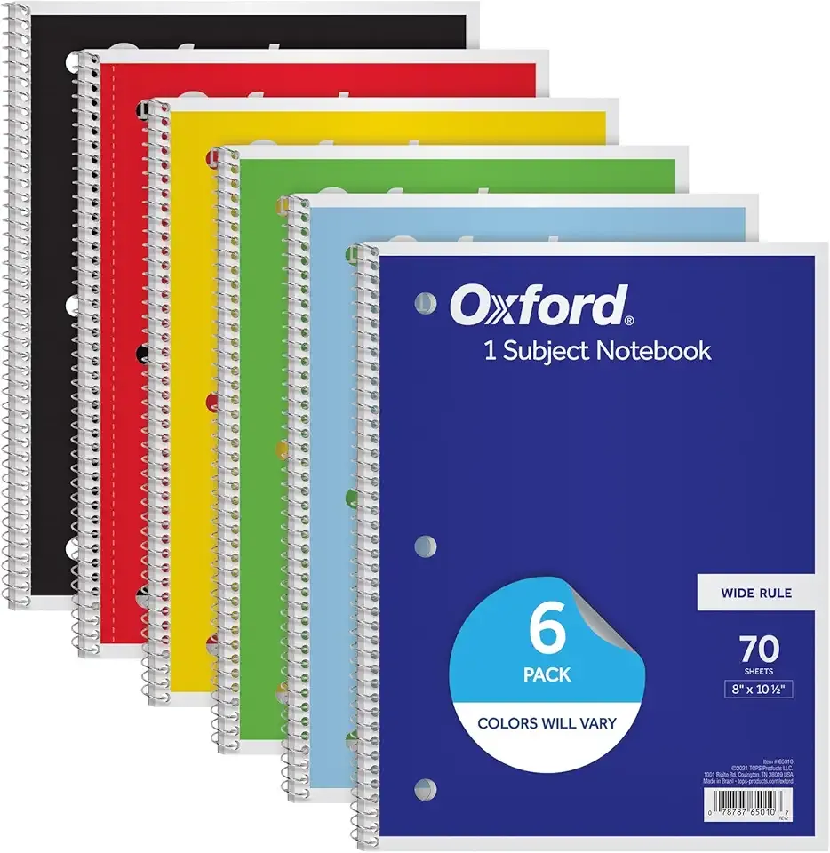 Oxford Spiral Notebooks, 6 Pack, 1 Subject, Wide Ruled Notebooks for School, 8 x 10.5 Inches, 70 Sheets, Assorted Colors, Back to School Supplies (65010)