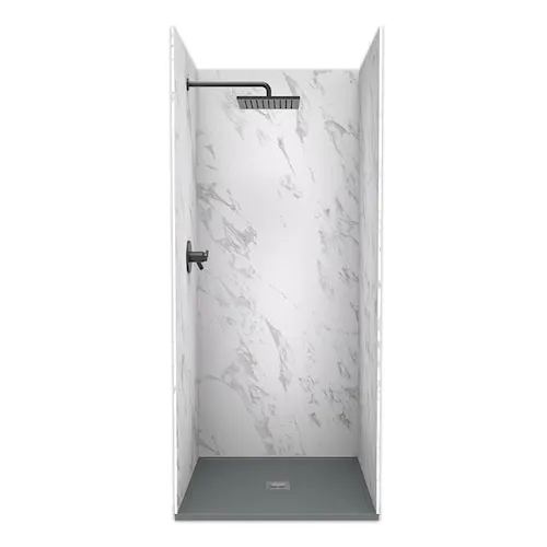 36L x 36W x 84H Solid Composite Stone Shower Kit Carrara Walls & Cntr Graphite Sand Shower Pan Base