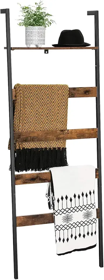 Blanket Ladder, Wall-Leaning Rack with Storage Shelf, for Blankets, Quilt, Towels, Scarves, Steel Frame, Industrial Style, Rustic Brown and Black ULLS012B01
