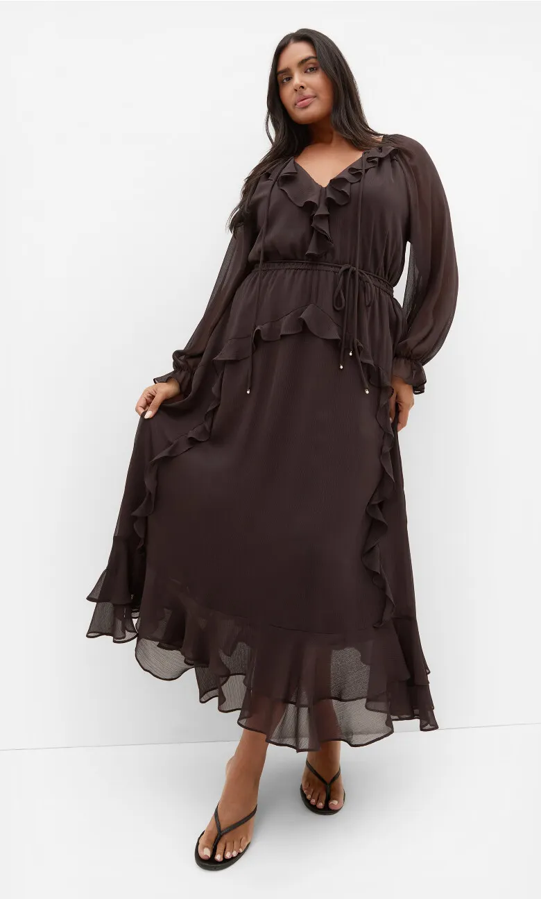 Glam Frill Maxi Dress - espresso