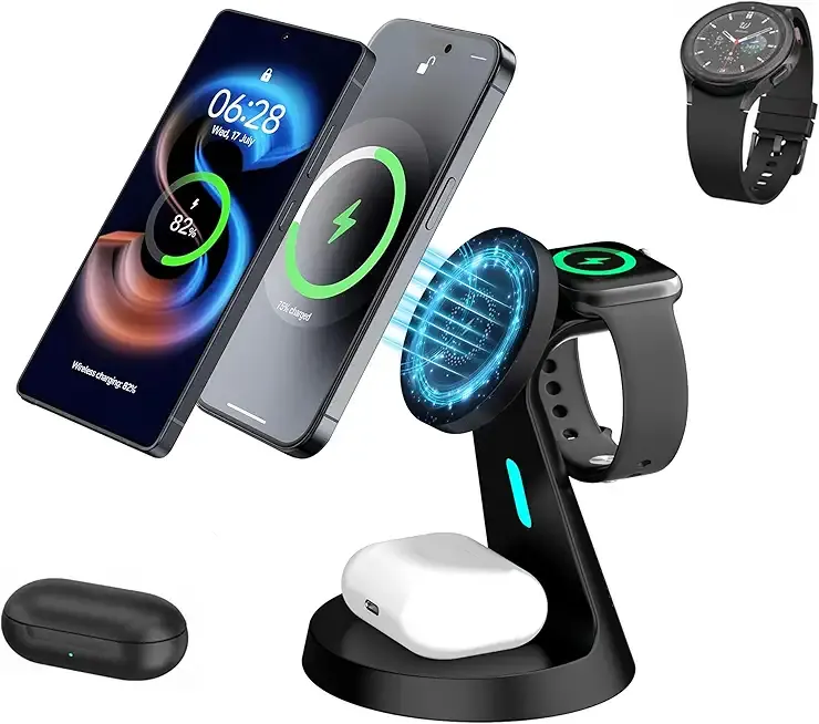 2025 New Magnetic Wireless Charger for Samsung & Apple Devices, 3 in 1 Charging Station Magnetic Charger Stand simultaneously Compatible with Samsung and Apple Series Black