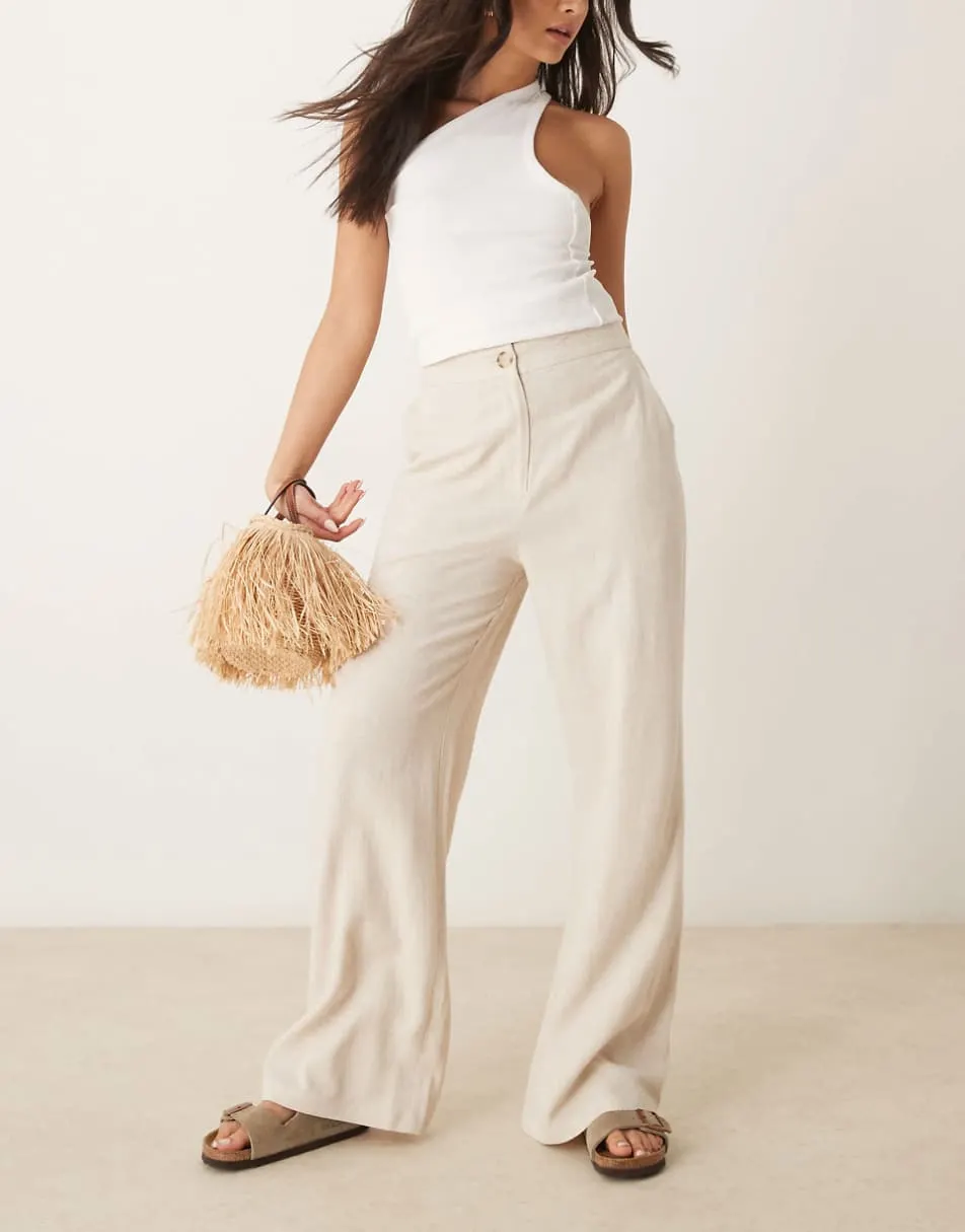ASOS DESIGN relaxed straight leg trousers with linen in stone