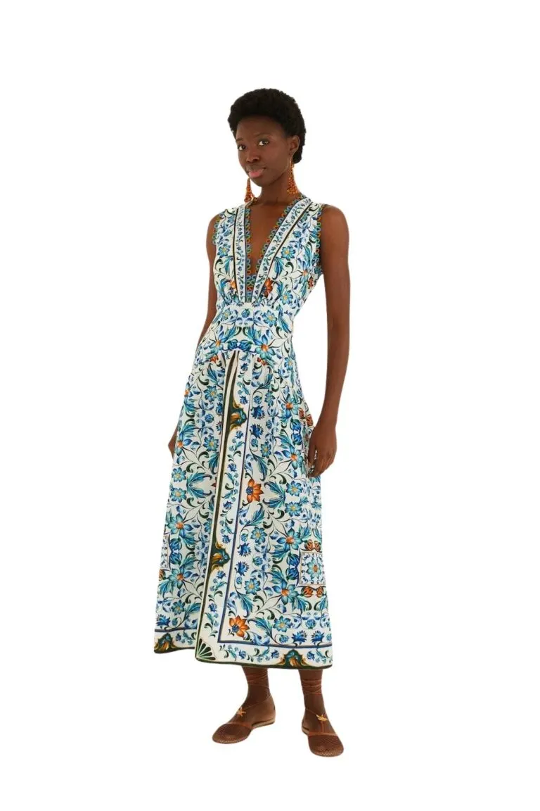 Flora Tile Scallop Euroflax Premium Linen Maxi Dress - Hvit