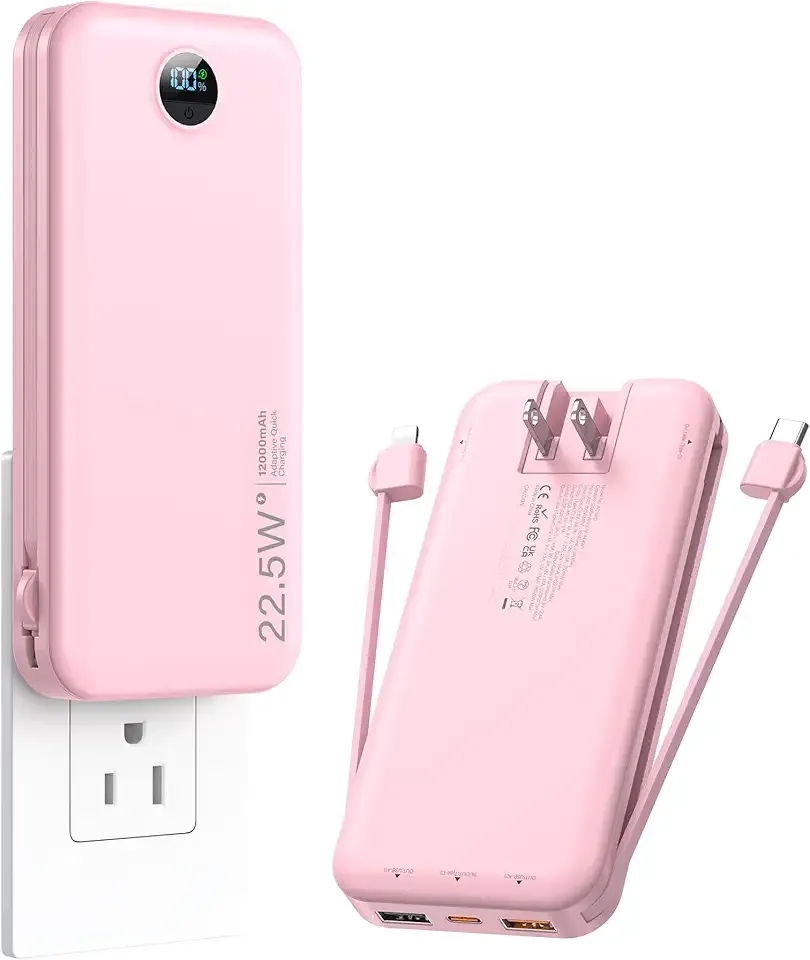 Portable Charger, 12000mAh 22.5W Fast Charging Power Bank with Built-in Cables & Wall Plug, External Battery Pack with LED Display, Travel Essentials Battery Bank for iPhone, iPad, Samsung Fairy Pink
