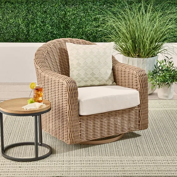 Better Homes & Gardens Bellamy Wicker 1-Piece Outdoor Swivel Glider Chair With Cushions in Natural/Cream