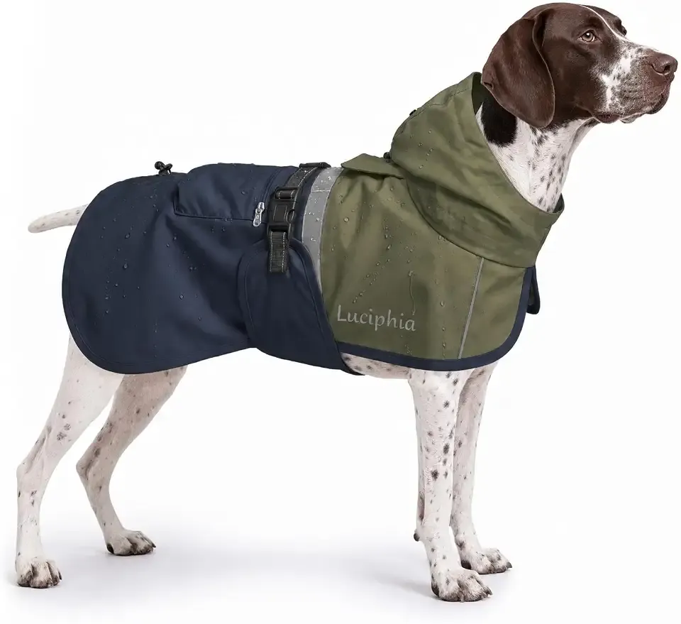 Luciphia Dog Raincoat, Adjustable Hooded Reflective Jacket with Pocket | Olive Navy XX-Large dog rain jacket with leash hole, buckle-on, non-stick fur. For daily walks.