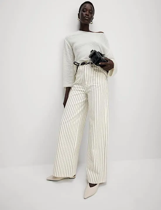 Hose aus reiner Baumwolle mit weitem Bein und Streifenmuster