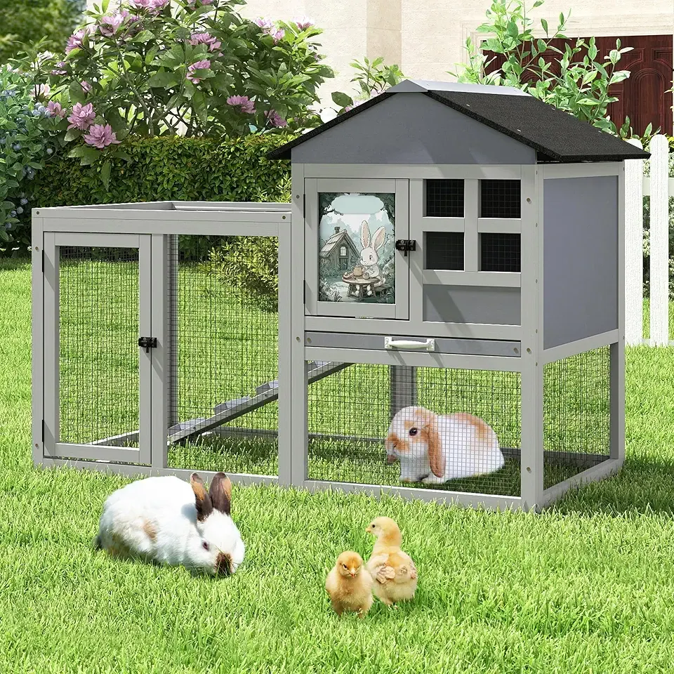 48" L Large Rabbit Hutch Outdoor Indoor, Expandable 2-Story Wooden Bunny Cage with Run, Removale Tray, 3 Entrances, Grey + Colorful Pattern