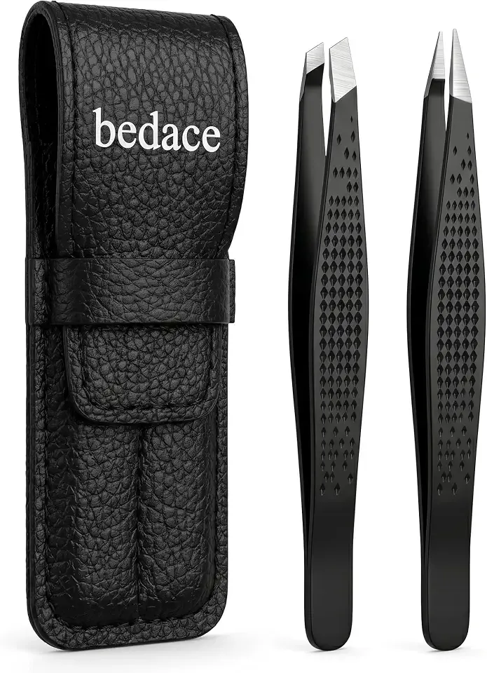 BEDACE Slant & Point Tweezers for Women and Men Facial Hair,2 pack Non-Slip Grip 430 Stainless Steel High Precision and Comfort tweezer Set for Eyebrows Ingrown Hair