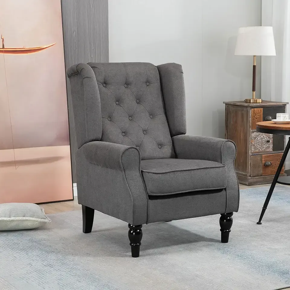 HOMCOM Mid-Century Modern Accent Chair, High Wingback Chair, Button-Tufted Upholstered Fabric Armchair with Retro Wood Legs for Living Room, Bedroom, Dark Gray