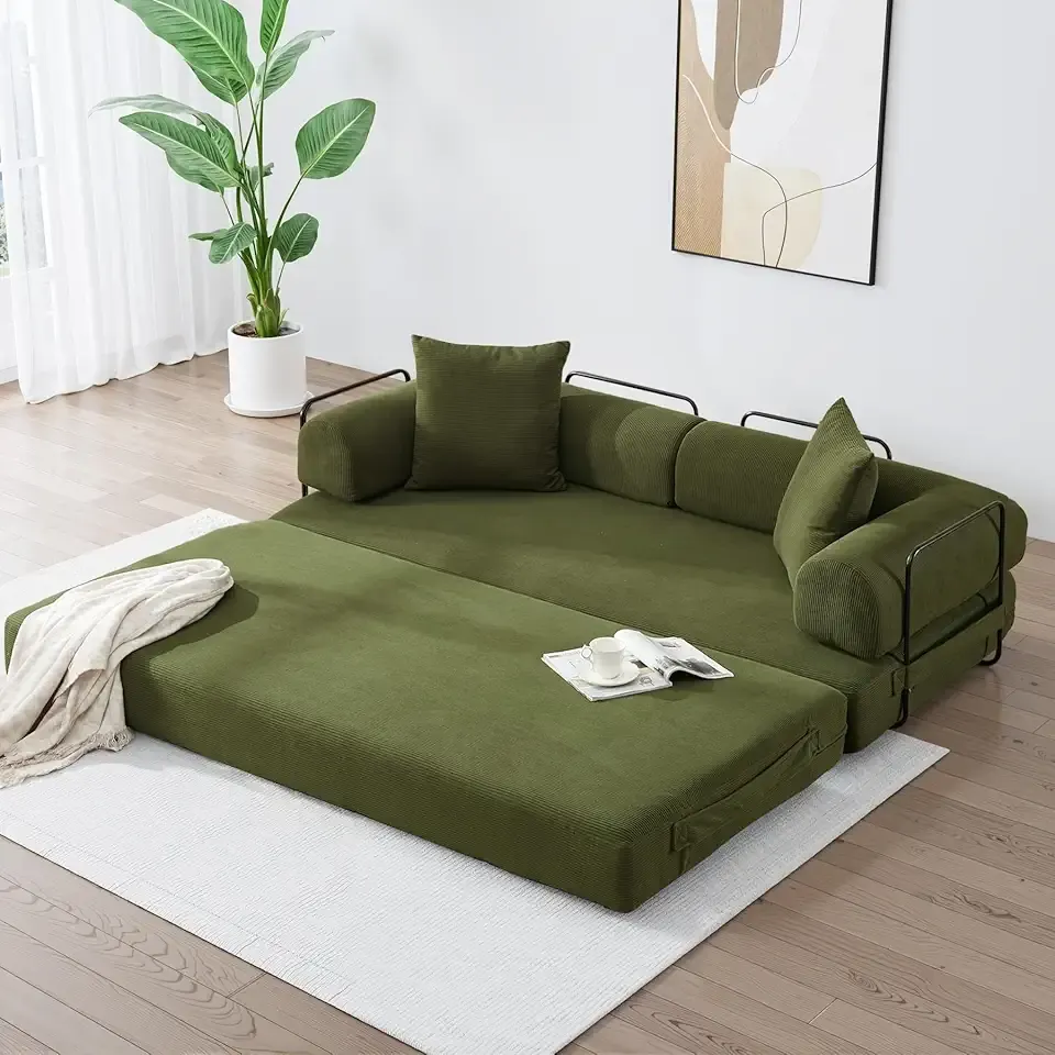 Convertible Sleeper Sofa Bed with Cylindrical Pillow, Corduroy Folding Mattress Couch with Fixed-Shape Frame, Floor Sofa Lounge Couch for Living Room Bedroom Lounge Studio-Green