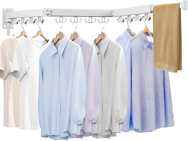 Kelisiting Wall Mounted Clothes Drying Rack, Laundry Drying Rack Wall Mount, 3-Fold Drying Rack Clothing, Foldable Clothes Drying Rack with 12 Dual Hooks Organization for Laundry Room Indoor - White