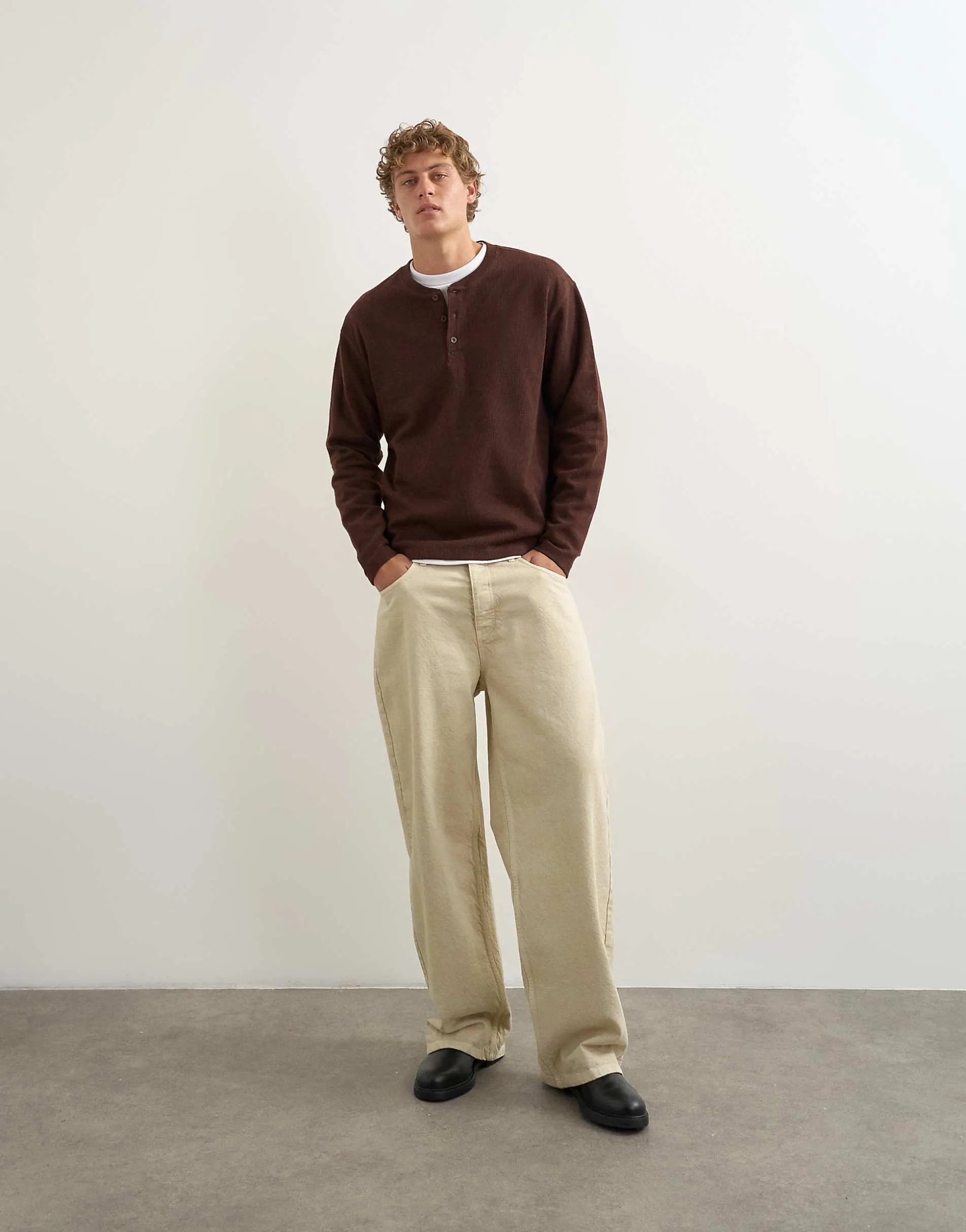 Topman relaxed fit rib henley in brown