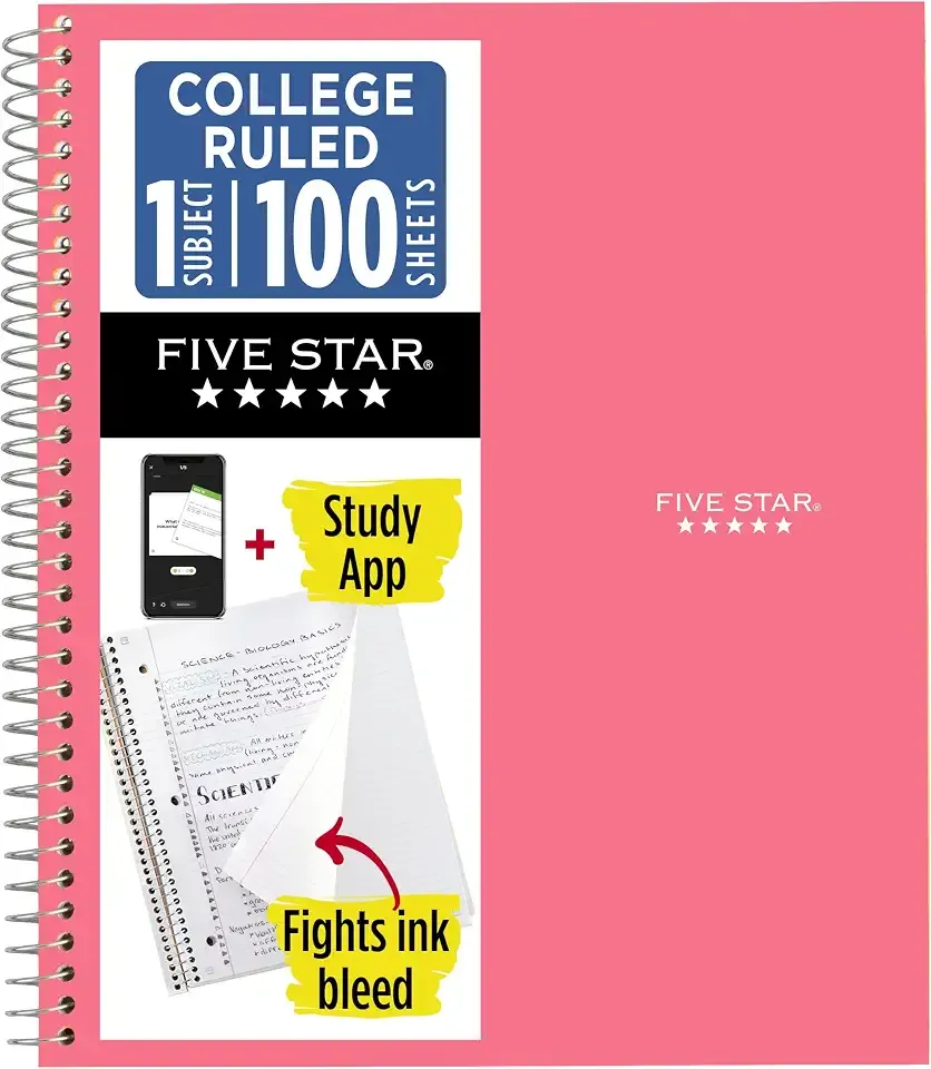 Five Star Spiral Notebook + Study App, 1 Subject, College Ruled 8.5" x 11" Paper, 100 Sheets, Prom Pink (820002R)