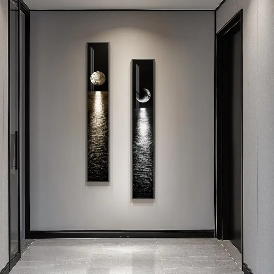 Framed Long Narrow Vertical Moon Wall Art Set of 2, Modern Black White Gold Bright Art Prints Paintings, Night Sea Landscape Pictures for Living Room Entryway Hallway Dining Room Bedroom Wall Decor