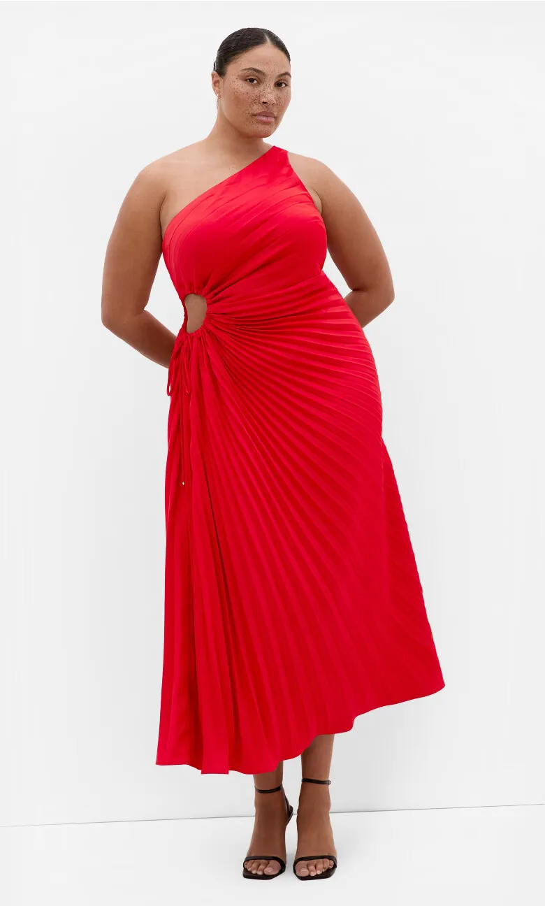 Aliza One Shoulder Pleat Maxi Dress - red