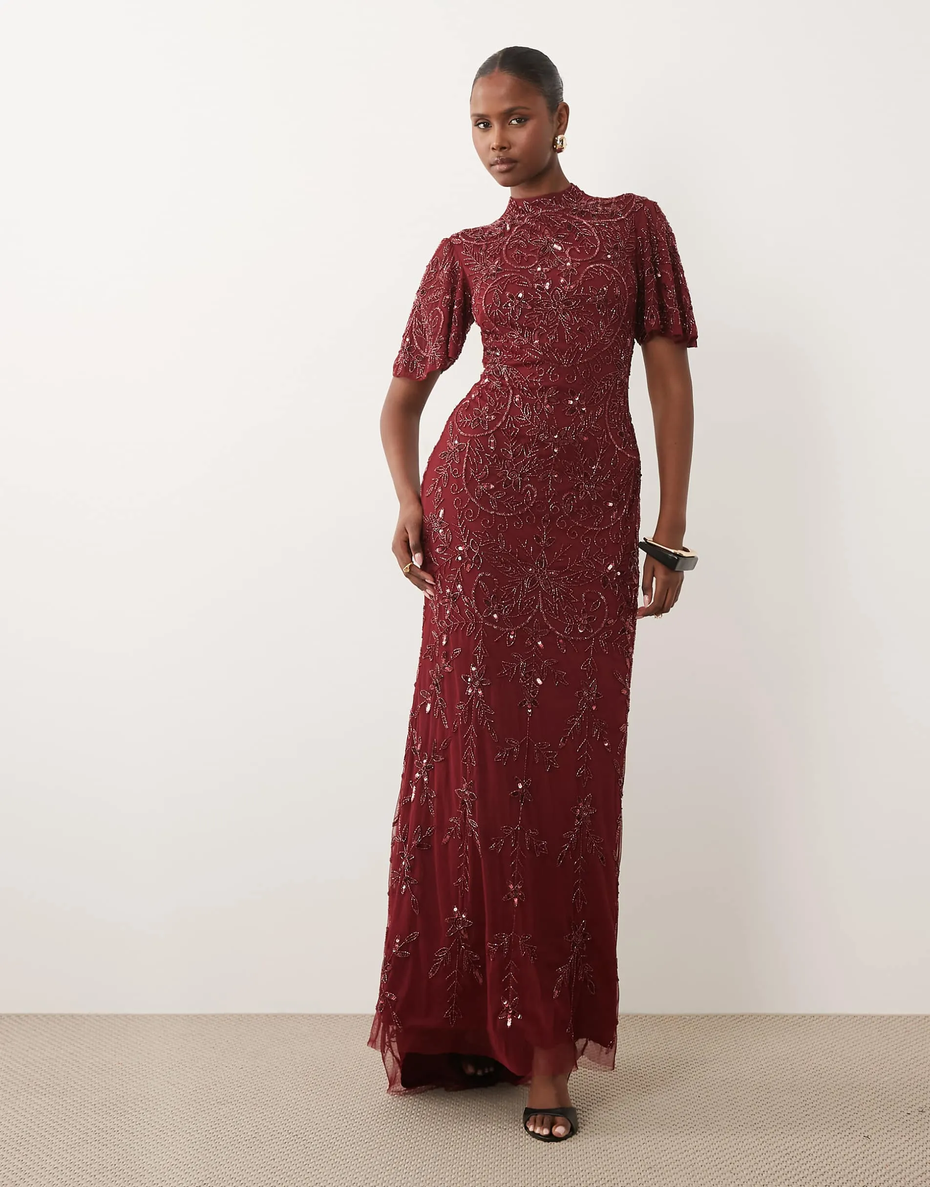 Beauut embellished high neck flutter sleeve maxi dress in burgundy