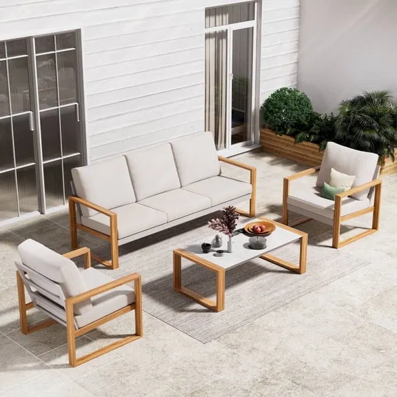 GRANDPATIO 5-Person Outdoor Conversation Set, Modern Aluminum Patio Furniture Set with Coffee Table, Beige & Natural