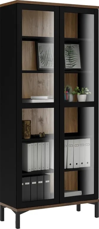 Holstebro vitrineskap 89 x 36, H 203 cm, 2-dørs med glass, svart/valnøtt