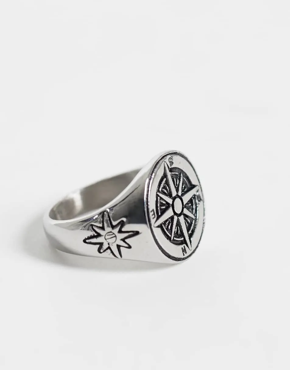 ASOS DESIGN waterproof stainless steel compass signet ring in silver