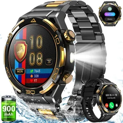 Blackview Smartwatch Herren, 14K-Gold-Einlage/GPS/Kompass/Bluetooth-Anrufe/AI/ChatGPT, 100+ Sportmodi, Fitnessuhr für Android iOS,Flagship Edition