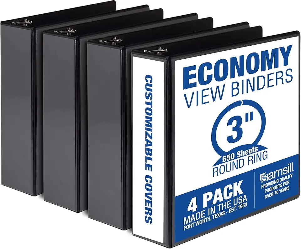 Samsill 3 Inch 3 Ring Binders, Made in USA, Economy Round Ring, Clear View Cover, 550 Sheet Capacity - for School, Home, Office - Black, 4 Pack