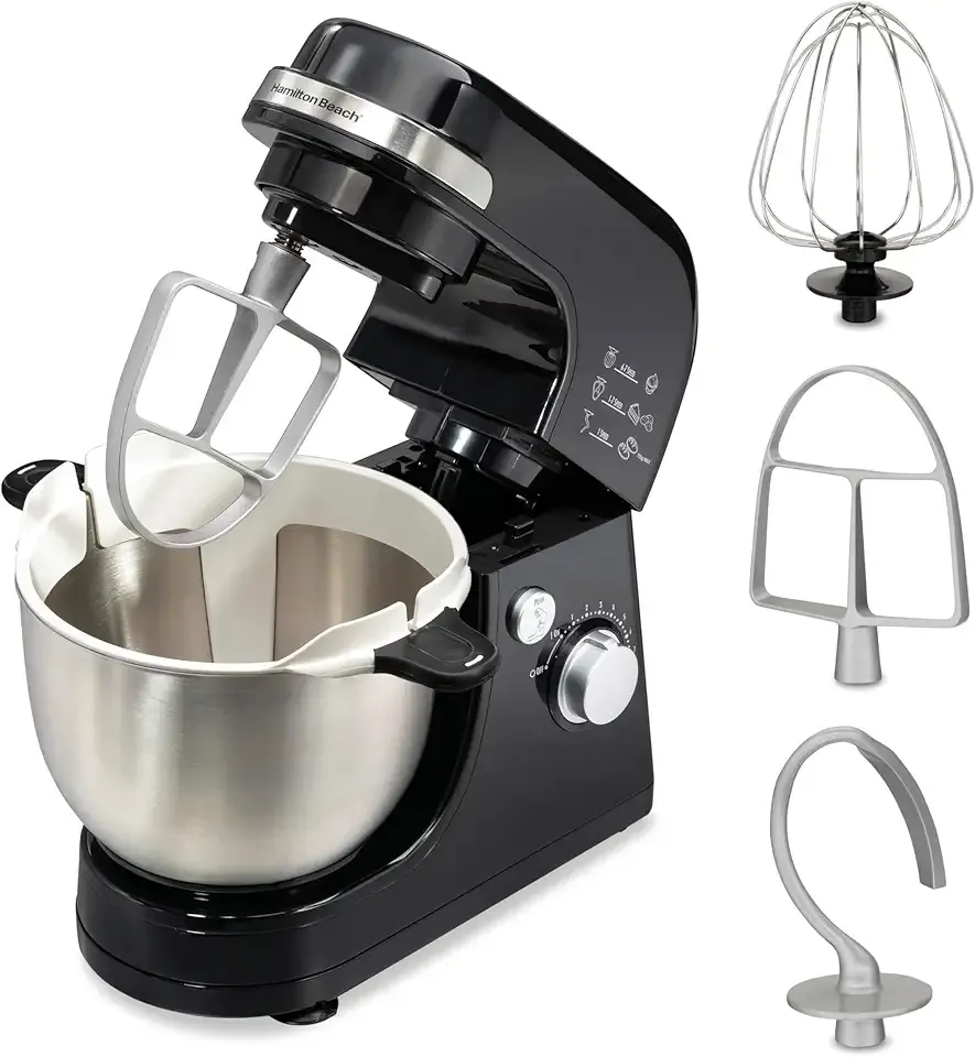 Hamilton Beach Electric Stand Mixer, 4 Quarts, Dough Hook, Flat Beater Attachments, 7 Speeds, Whisk, Stack & Scrape Bowl Scraper, Black