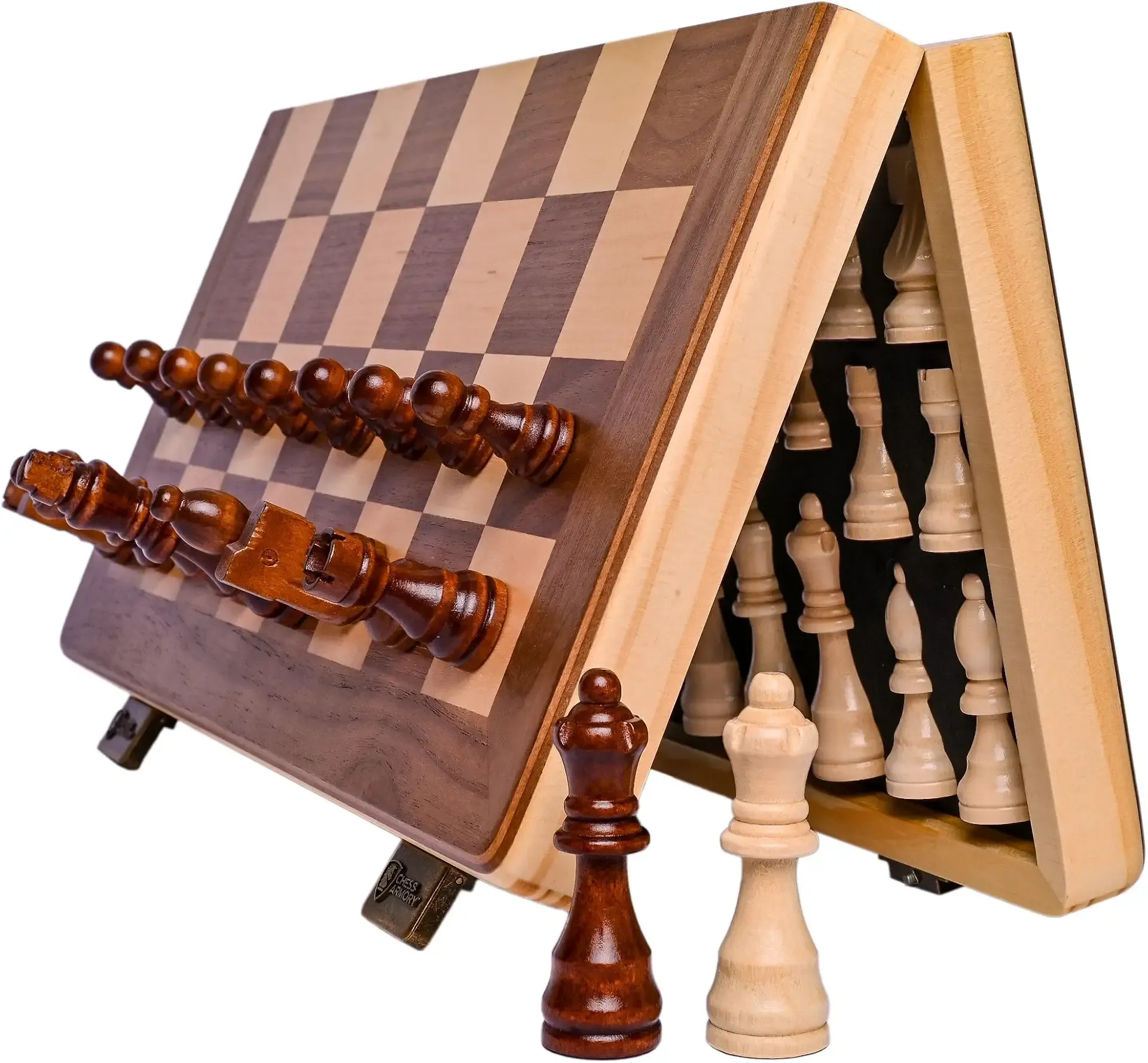 15 Inch Magnetic Wooden Chess Set for Adults & Kids with Folding Board | Travel Chess Set with Handcrafted Staunton Pieces, 2 Extra Queens and Built-In Storage Slots