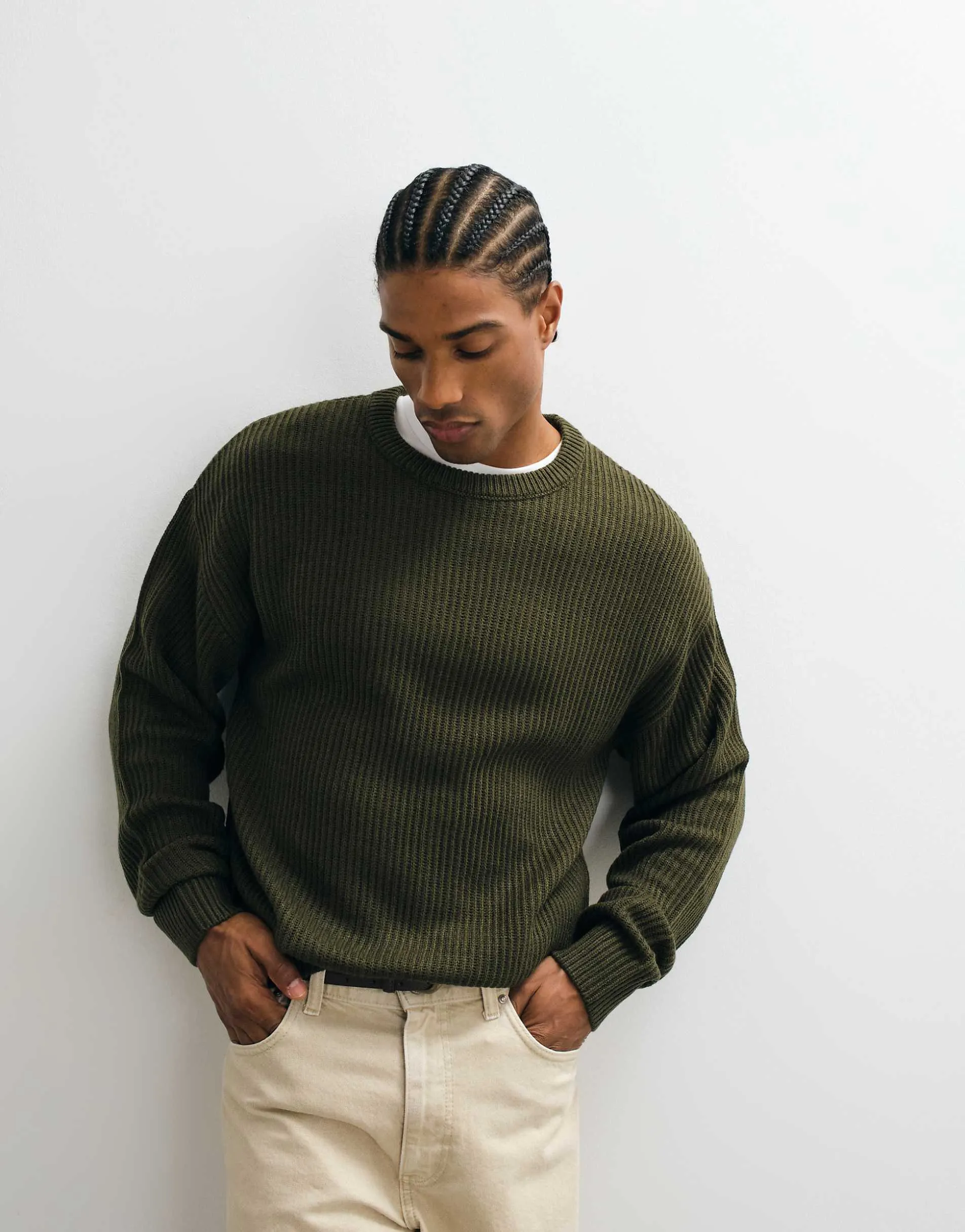JJ Rebel crew neck structured jumper in forest green