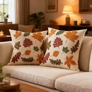 Juego de dos fundas de cojín decorativas de hoja de arce otoñal (45 x 45 cm), bordadas, para Halloween.
