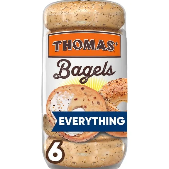 Thomas' Everything Bagels, 6 count, 9g Protein, Kosher Bagels, 18 oz Bag $3.97 22.1 ¢/oz