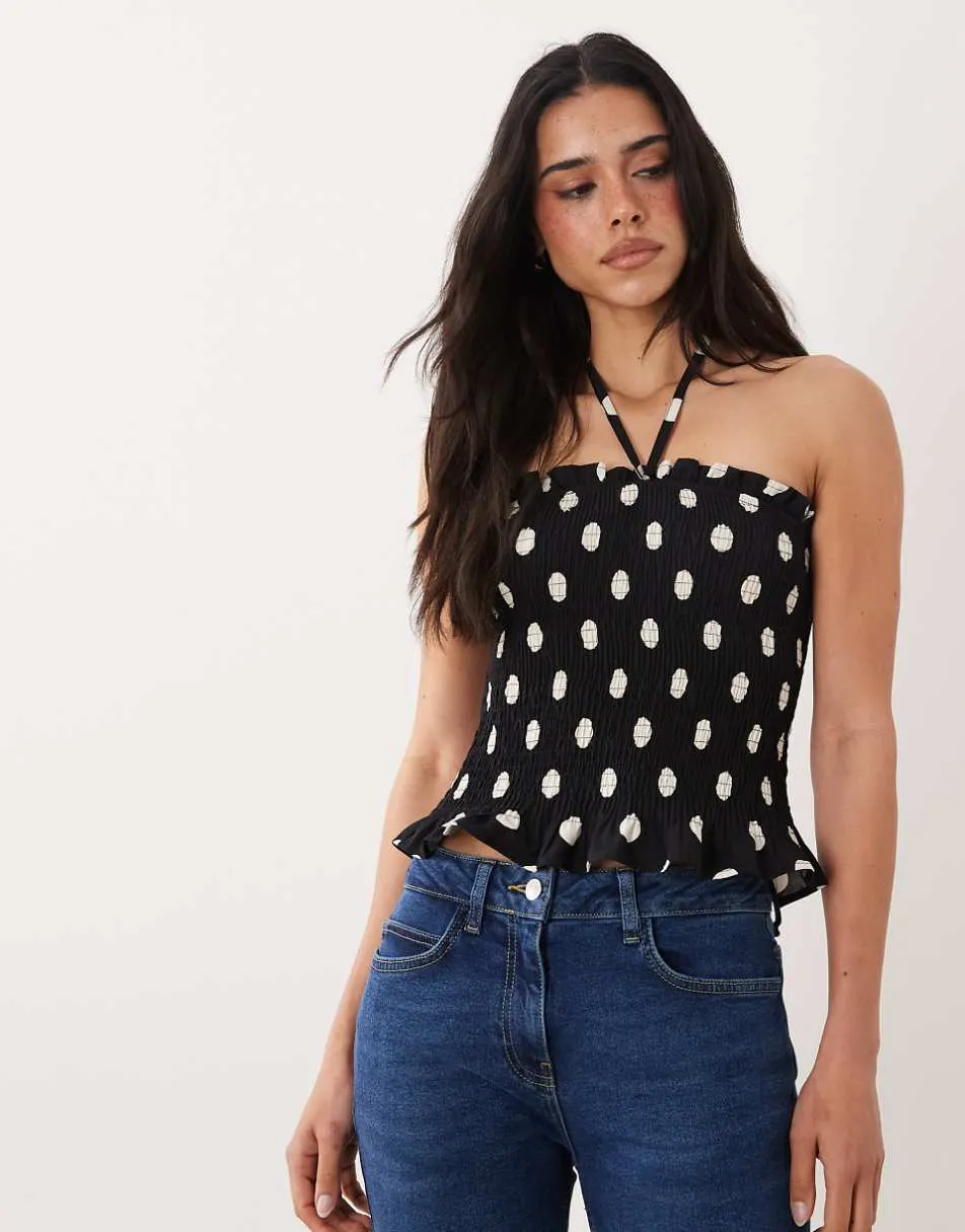 ASOS DESIGN shirred tie front bandeau in black and white spot