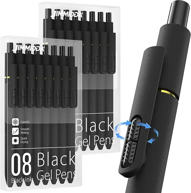 JIMMIDDA 16Pcs Black Gel Pens - 0.7mm Medium Point Black Ink Pens | Smooth Writing - Quick Drying Retractable Pen for Men Women (Black - 16Pcs)