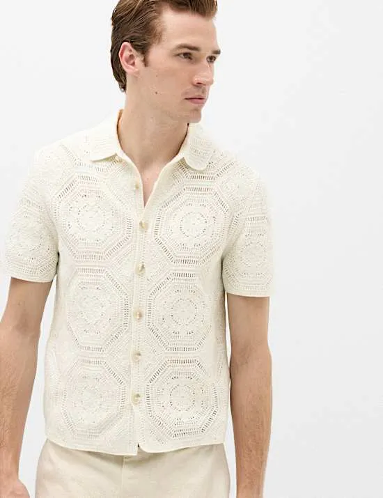 Gestricktes Poloshirt aus reiner Baumwolle mit durchgehender Knopfleiste