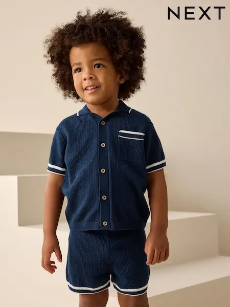 Navy Blue Textured Revere Collar Knitted Polo Shirt and Shorts Set (3mths-10yrs)