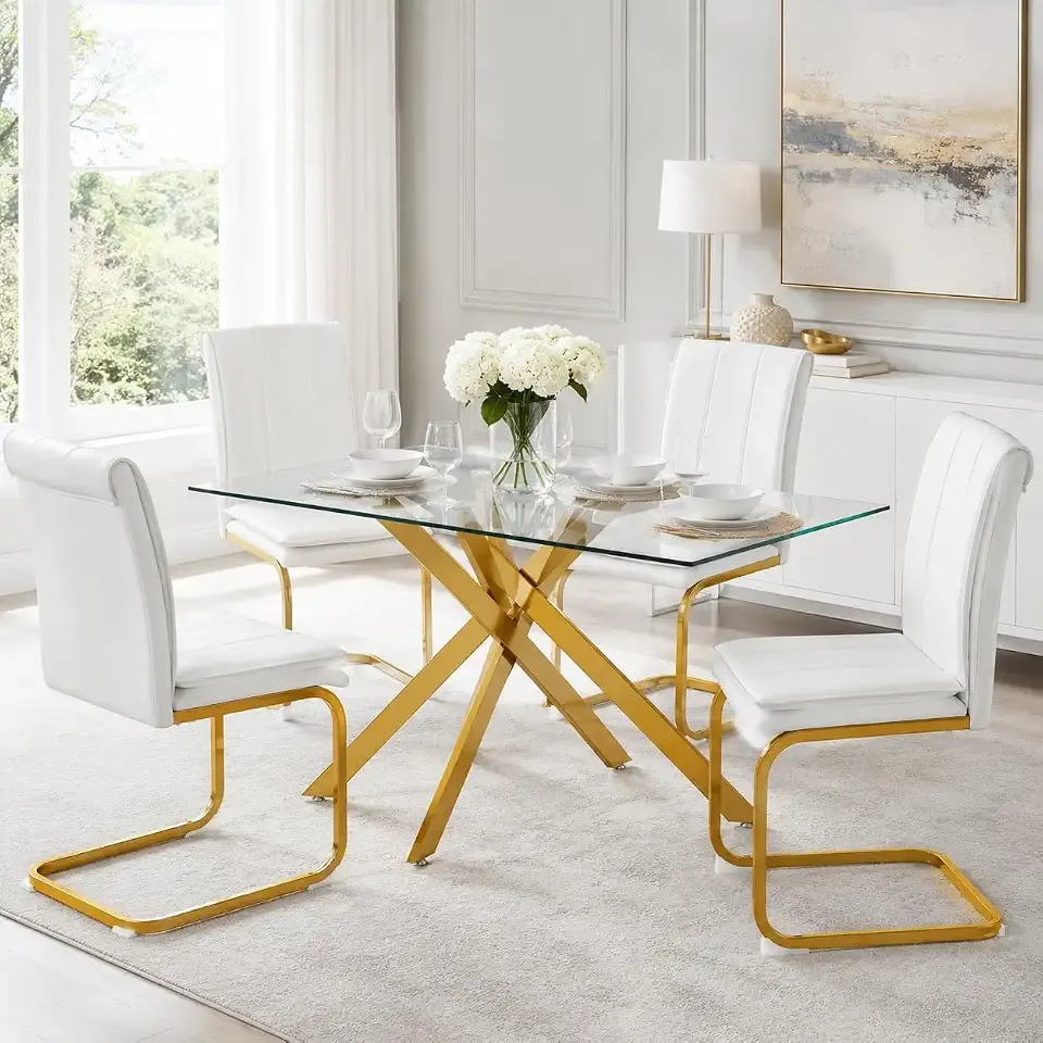 Meihua 51.18" Tempered Glass Dining Table for 4, Rectangular Glass Kitchen Table with Metal Legs and Adjustable Foot Pads, Dining Room Table for Apartment, Small Spaces