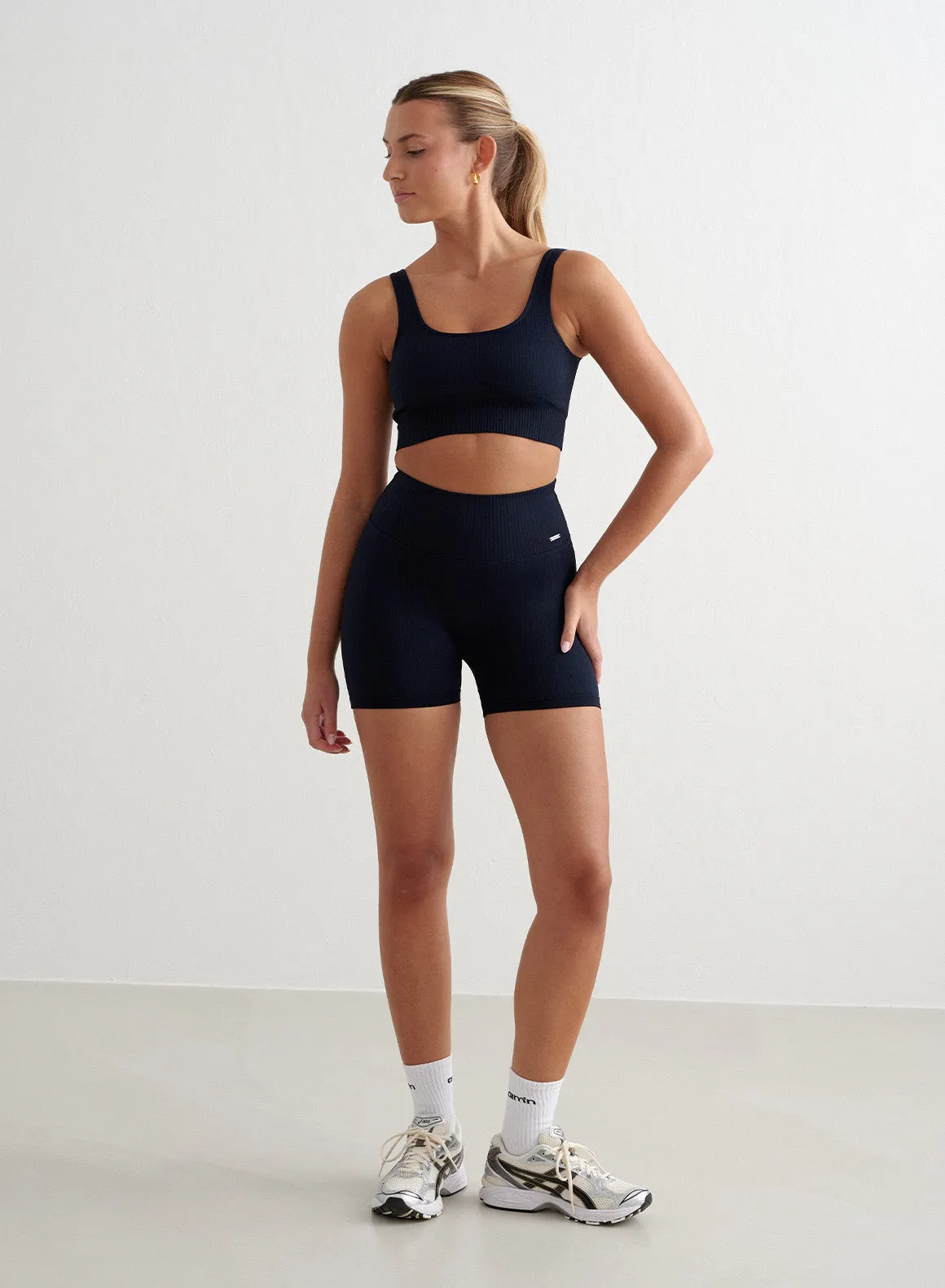 Navy Ribbed Midi Biker Shorts