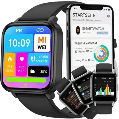Smart Watch 45mm Smartwatch IP67 Armbanduhr Touchscreen Sport Band Fitness Armband Black Watch Geschenk Android iOS Herren Damen Kinder Retoo