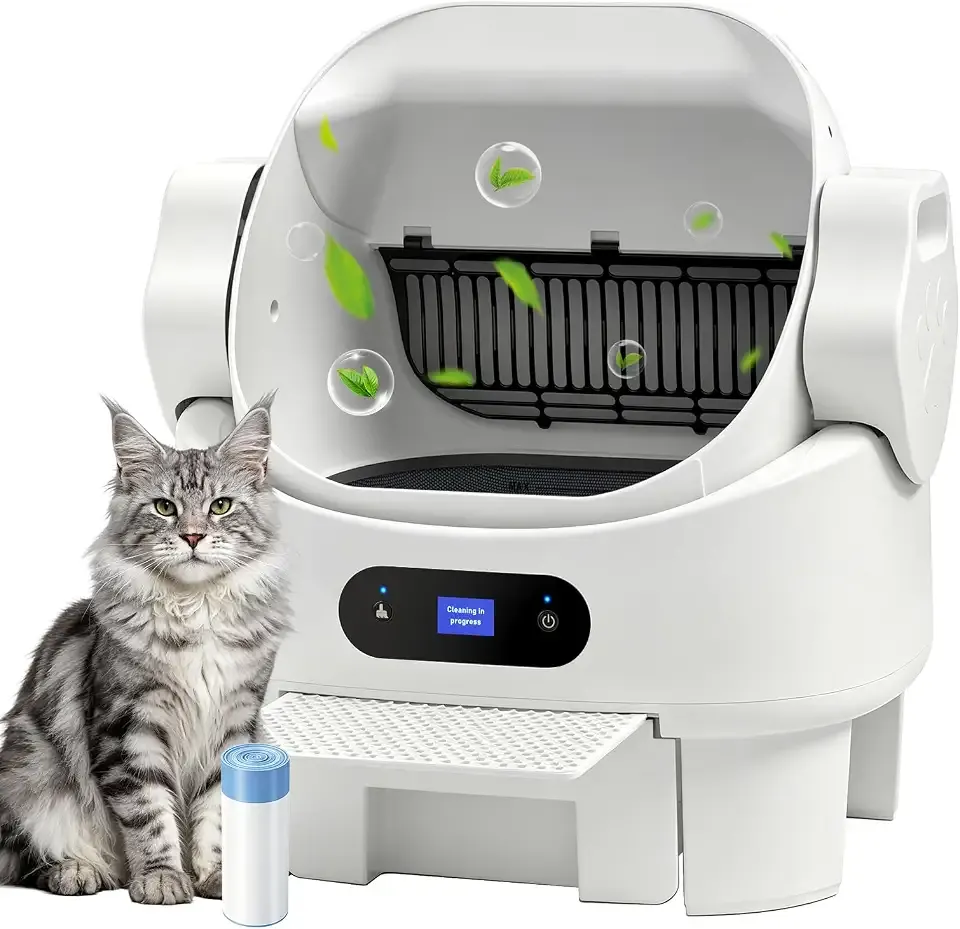 Self Cleaning Auto Litter Box Enclosure, Open-Top, Multiple Cats | Safety Sensor Protection, Large Bin, Ultra Quiet, Easy Setup, Convenient Cleaning,Odor Control, Include Waste Bag, White