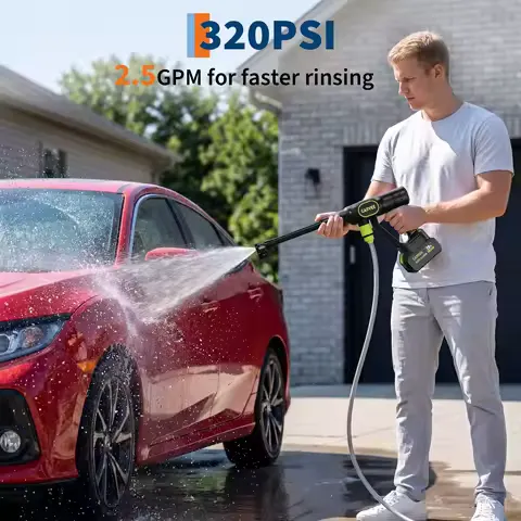 Cordless Pressure Washer, 320 PSI 20V Brushless Battery Powered Portable Handheld Washer, 6-in-1 Nozzle & Foam Cannon, 26ft Hose,Rechargeable Compact Power Washer for Car, Patio, Fence Wall Clean
