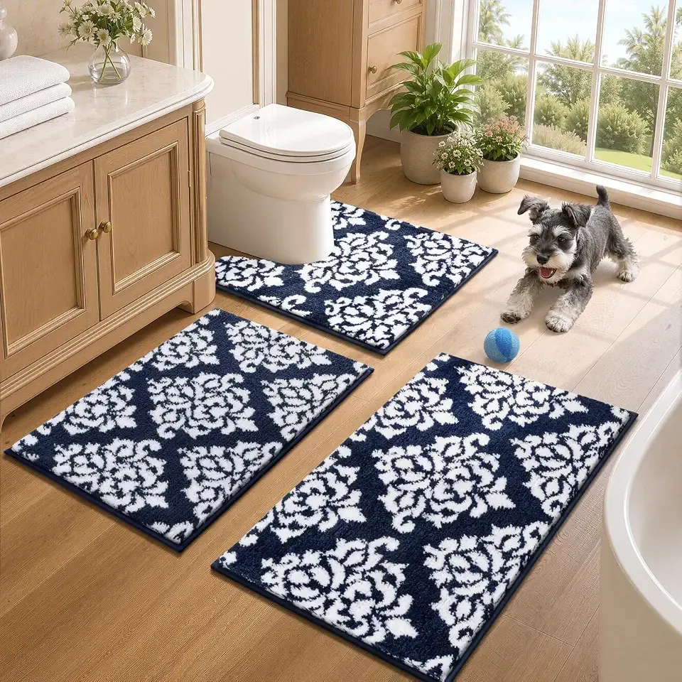 LOKHOM Bathroom Rugs Sets 3 Piece, Non Slip Absorbent Bath Mat Set | Ultra Soft Washable Microfiber Bath Mats, Plush U-Shaped Contour Toilet Rug for Bathroom Sink Bathtub, Navyblue