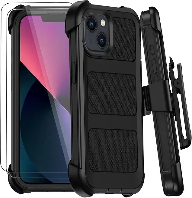 for iPhone 13 Case with Belt Clip Holster,Military Grade Anti-Drop Shockproof Defender Phone Cases w/2x Screen Protectors & Kickstand,2 Layers Rugged Heavy Duty Protective Bumper Cover (Black)