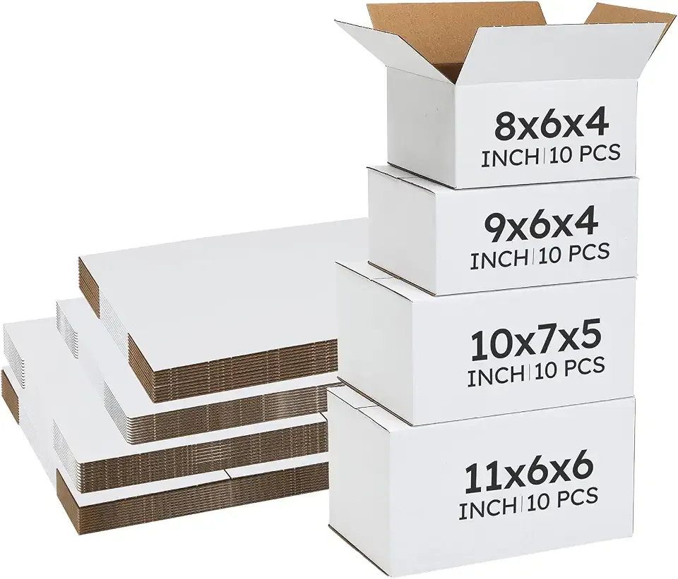 Assorted Sizes Shipping Boxes 40 Pack (11x6x6, 10x7x5, 9x6x4, 8x6x4), White Corrugated Cardboard Mailers, Each 10 PCS Small Boxes for Small Business Packaging, Shipping & Storage