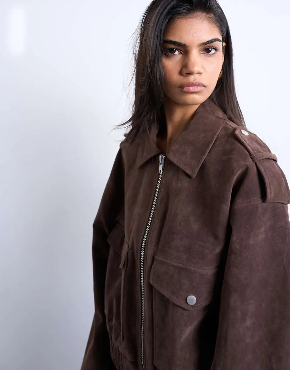 Topshop faux suede bomber jacket with popper details in chocolate