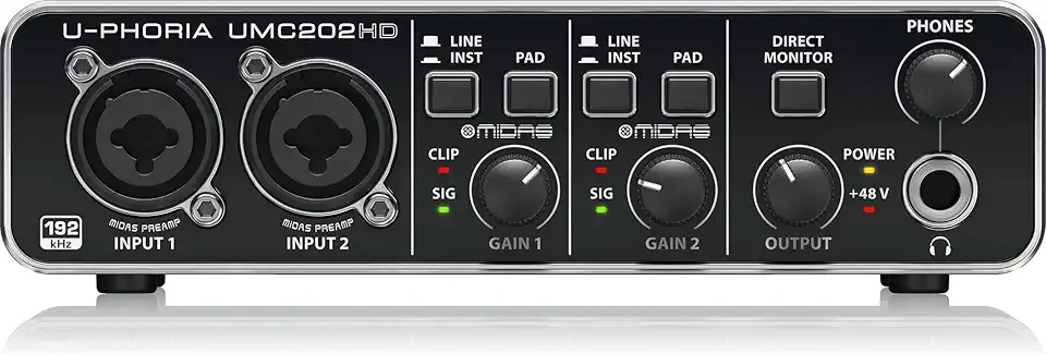 Behringer UMC202HD Audiophile 2x2, 24-Bit/192 kHz USB Audio Interface with Midas Mic Preamplifiers | For Recording Microphones and Instruments